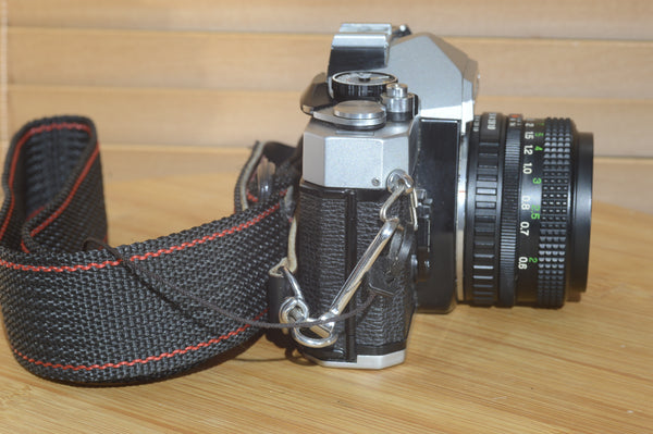 Fujica STX-1 SLR with 50mm f1.9 Lens. These are very solid and striking vintage cameras.