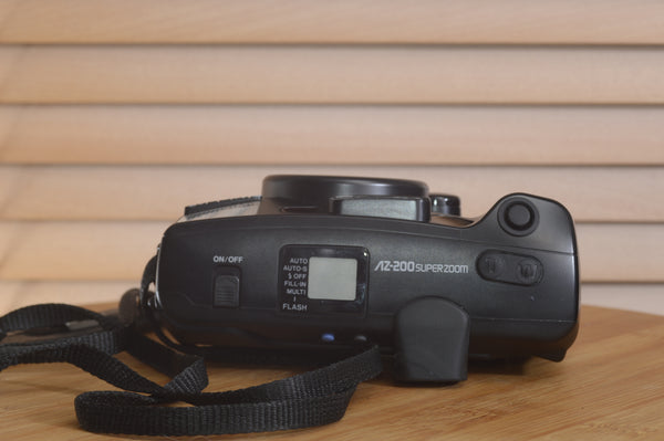 Pentax AZ200 35mm film camera in box with original packaging, excellent condition, Rewind Cameras brand.