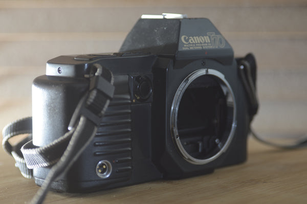 Canon T70 35mm SLR Camera. Good condition, cleaned and tested. Perfect beginner camera. - RewindCameras quality vintage cameras, fully tested and serviced