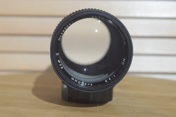 Soligor Auto MC 200mm f3.5 FD lens.  In excellent condition. These are lovely lenses that produce fantastic images - RewindCameras quality vintage cameras, fully tested and serviced