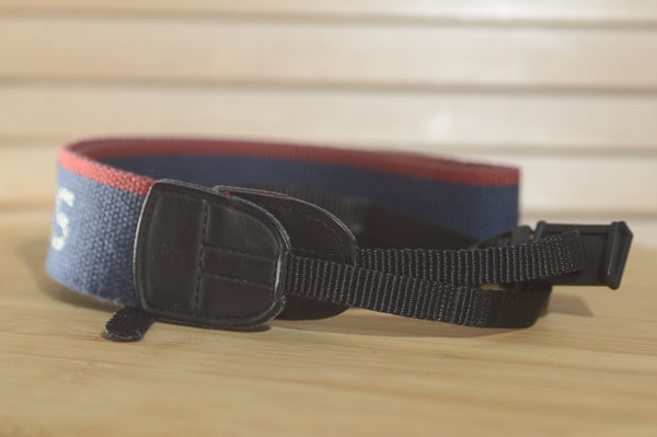 Blue and Red Canon EOS Vintage strap. A lovely addition to your Canon set up. - RewindCameras quality vintage cameras, fully tested and serviced