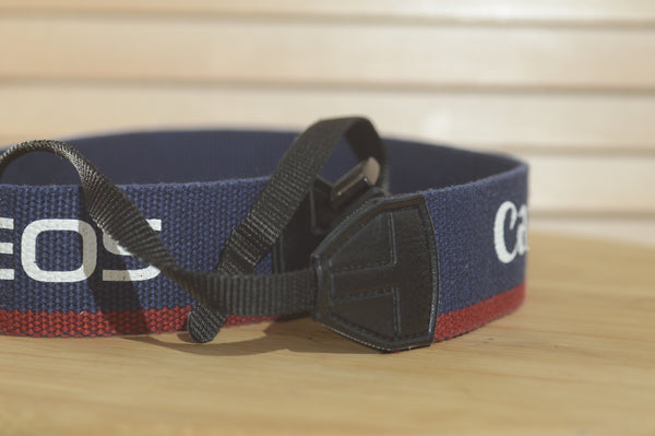 Blue and Red Canon EOS Vintage strap. A lovely addition to your Canon set up. - RewindCameras quality vintage cameras, fully tested and serviced
