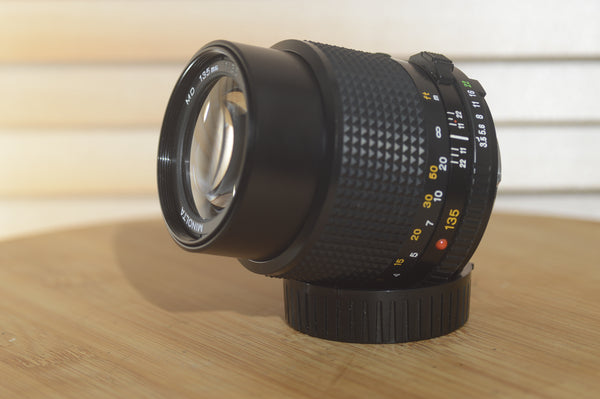 Minolta MD 135mm Prime f2.8 lens. Fantastic condition portrait lens - RewindCameras quality vintage cameras, fully tested and serviced