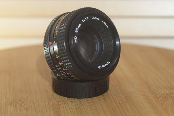 Chinon Minolta MD 50mm f1.7 lens. Fantastic Standard lens for your Minolta - RewindCameras quality vintage cameras, fully tested and serviced