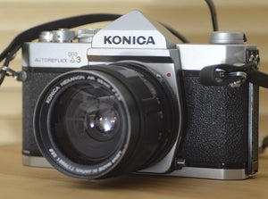 Konica AutoReflex T3 35mm SLR camera with 35mm f2.8 lens. These are very solid and striking vintage cameras. - RewindCameras quality vintage cameras, fully tested and serviced
