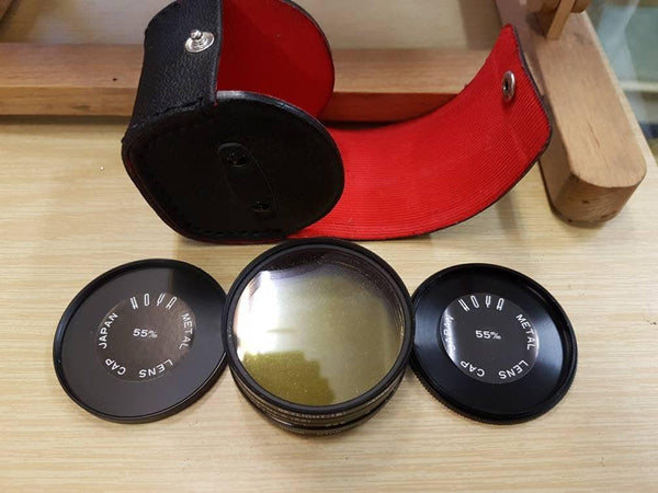 Lovely filter pack in original black case with red velvet style lining. UV, Skylight, Yellow and PL polorising 55mm thread.  Perfect kit ! - RewindCameras quality vintage cameras, fully teste