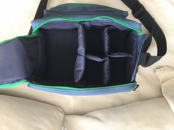 Vintage Adapt large blue with green zips padded camera bag. Perfect for photo shoots. Large space for all your needs - RewindCameras quality vintage cameras, fully tested and serviced