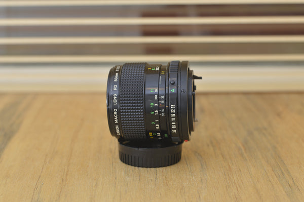 Canon FD 50mm 1:3.5 Macro lens. This is a fantastic macro lens and very hard to come by! Be the envy of your friends with this great lens! - RewindCameras quality vintage cameras, fully teste