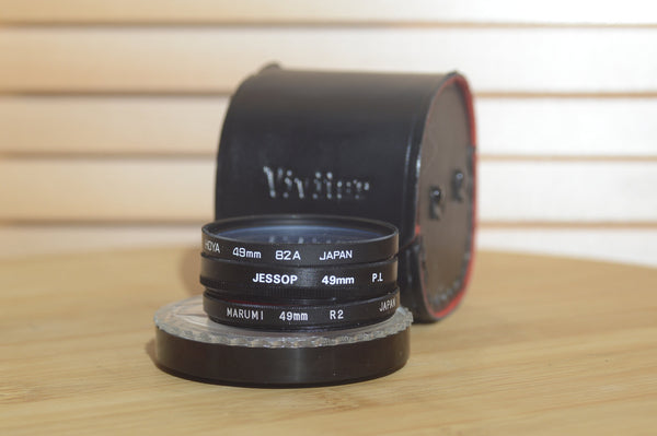49mm Lens Filter Pack. Including Polariser, Red and 82A in Case - RewindCameras quality vintage cameras, fully tested and serviced